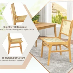 Tangkula Rattan Dining Chair, Farmhouse Kitchen Side Chairs w/Natural Cane Woven Backrest & Seat & Teak Wood Frame