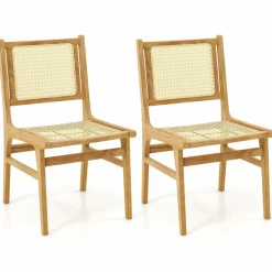 Tangkula Rattan Dining Chair, Farmhouse Kitchen Side Chairs w/Natural Cane Woven Backrest & Seat & Teak Wood Frame