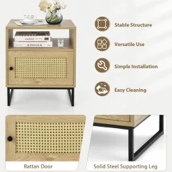 Tangkula Rattan End Table, Indoor Sofa Side Table with Shelf & Rattan Door Cabinet
