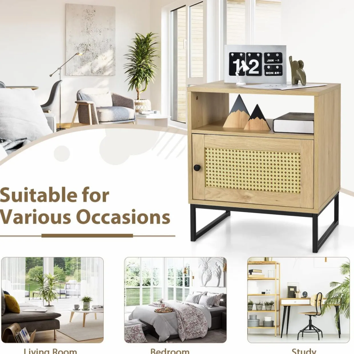 Tangkula Rattan End Table, Indoor Sofa Side Table with Shelf & Rattan Door Cabinet