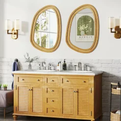 Tangkula Rattan Wall Mirror, Bohemian Irregular Wall Mounted Decorative Mirror w/Wooden Frame