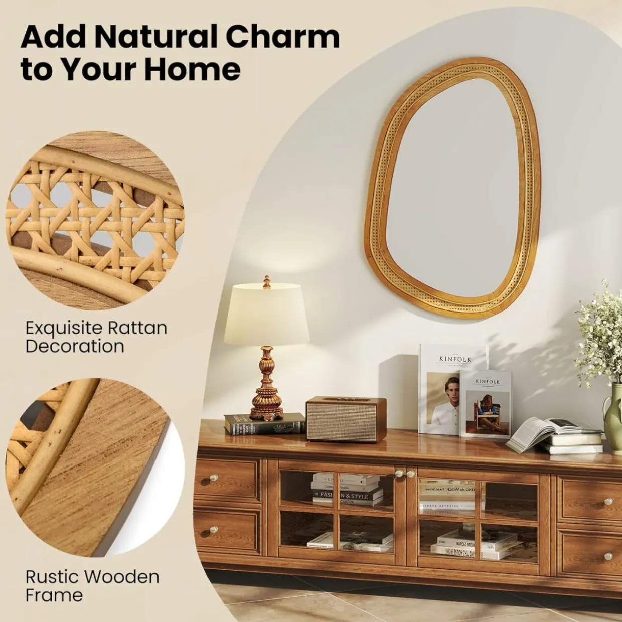 Tangkula Rattan Wall Mirror, Bohemian Irregular Wall Mounted Decorative Mirror w/Wooden Frame