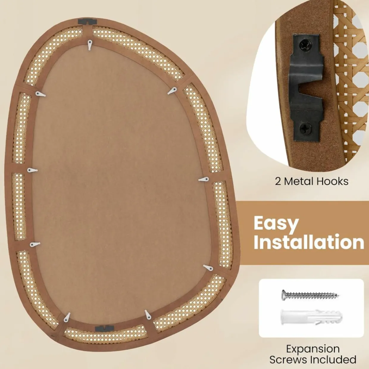 Tangkula Rattan Wall Mirror, Bohemian Irregular Wall Mounted Decorative Mirror w/Wooden Frame