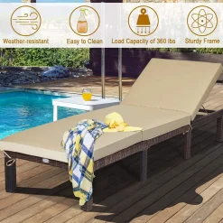 Tangkula Rattan Wicker Chaise Lounge Chair, Outdoor Patio Lounger Recliner Chair w/Adjustable Backrest