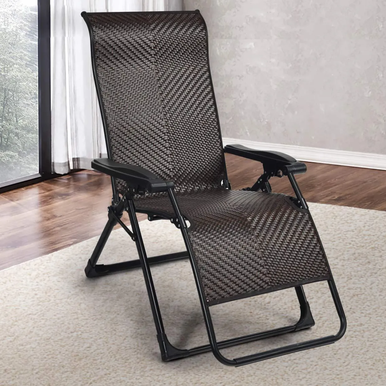 Tangkula Rattan Zero Gravity Chair, Outdoor Adjustable Folding Lounge Chair with Widened Armrest & Locking System