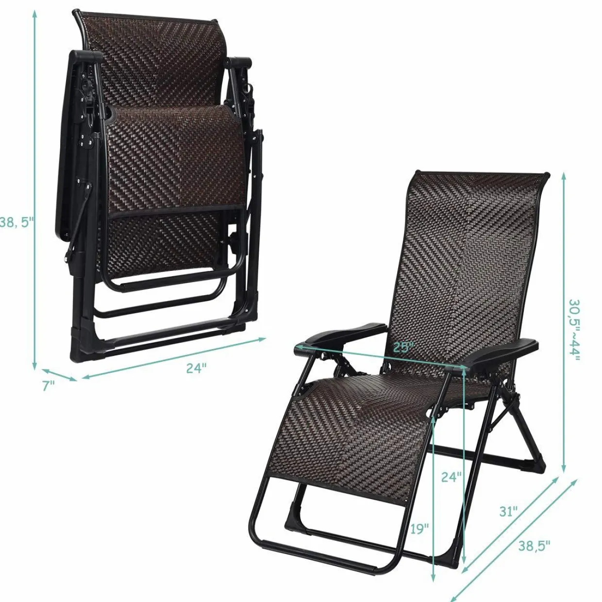 Tangkula Rattan Zero Gravity Chair, Outdoor Adjustable Folding Lounge Chair with Widened Armrest & Locking System