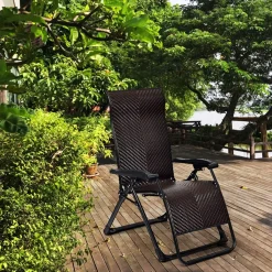 Tangkula Rattan Zero Gravity Chair, Outdoor Adjustable Folding Lounge Chair with Widened Armrest & Locking System
