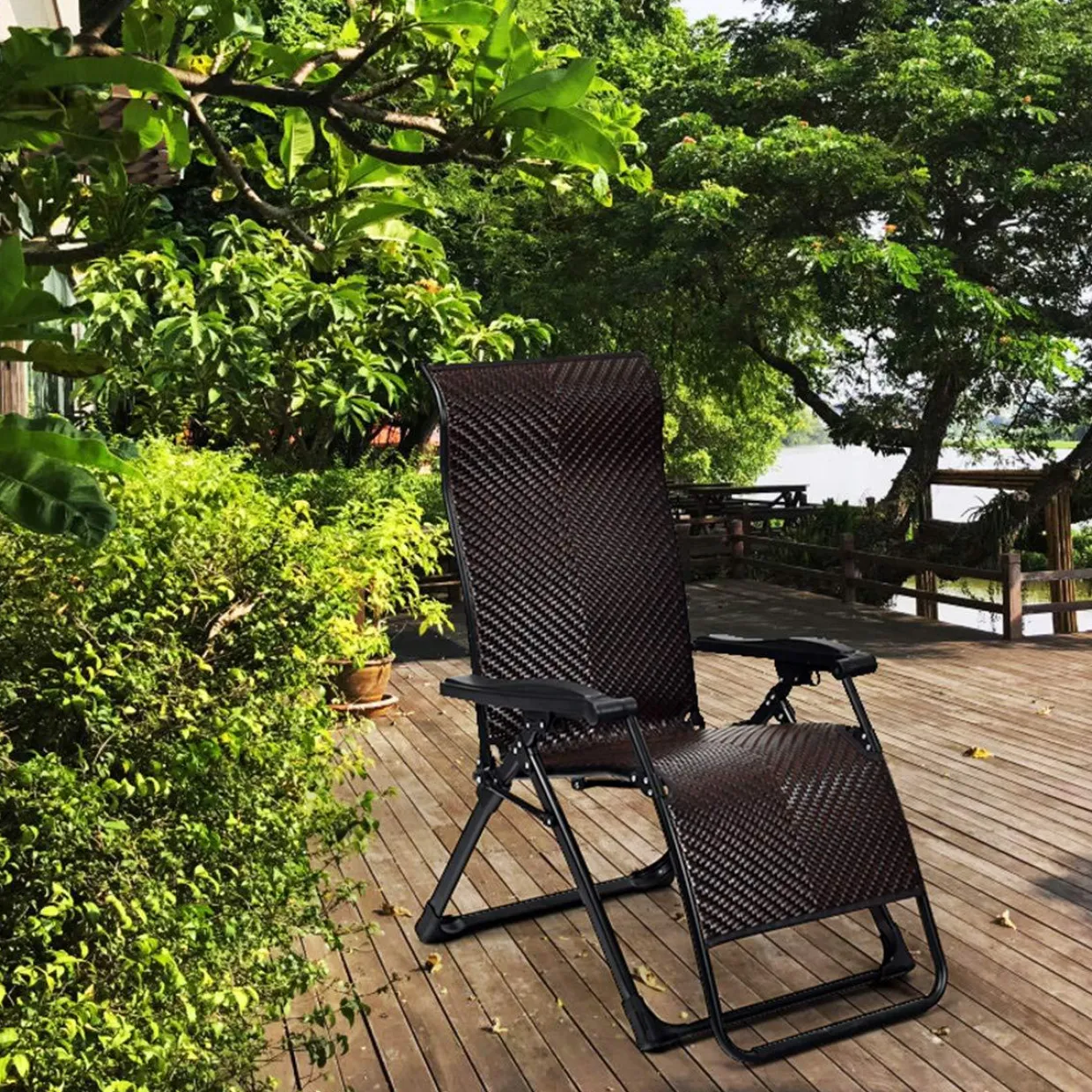 Tangkula Rattan Zero Gravity Chair, Outdoor Adjustable Folding Lounge Chair with Widened Armrest & Locking System