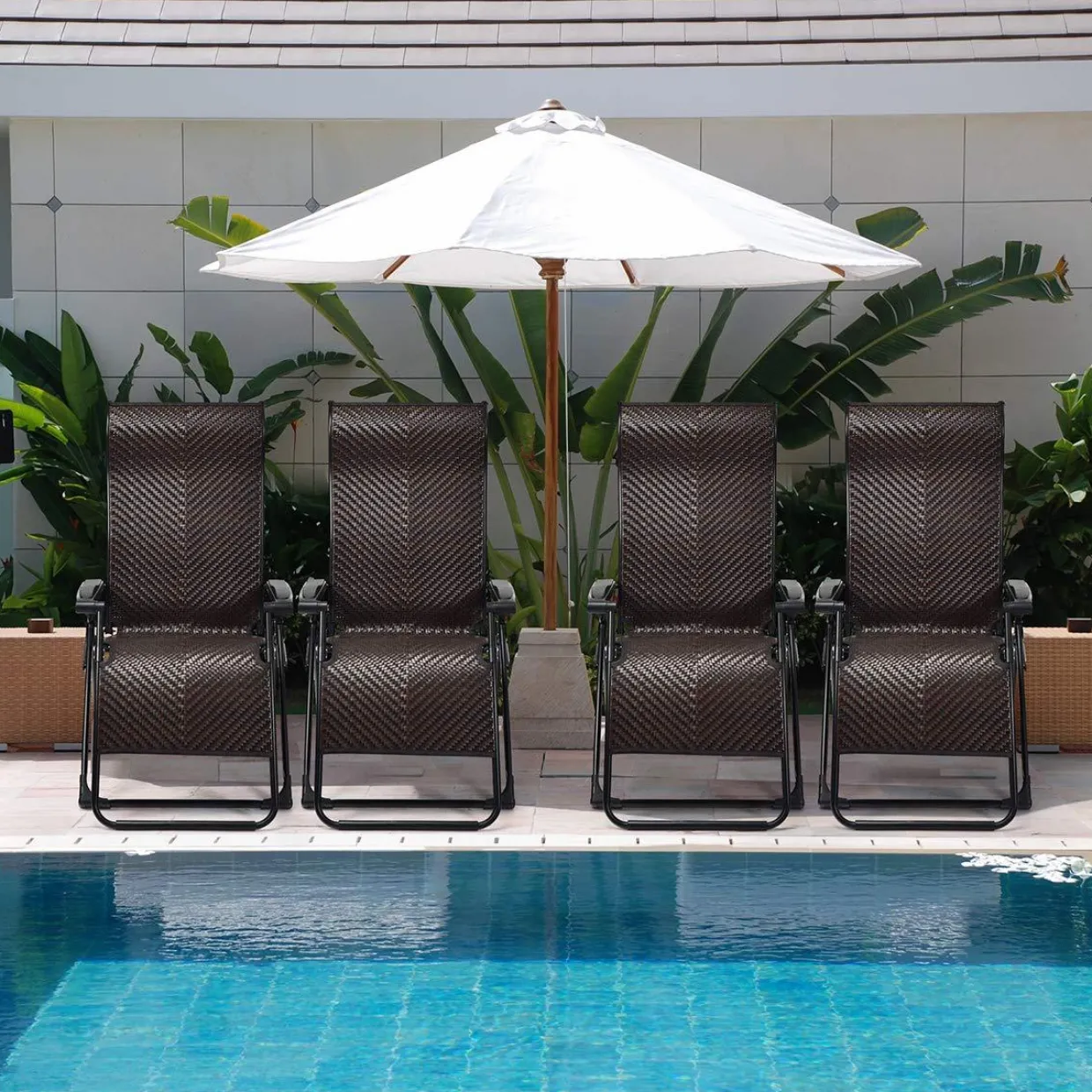 Tangkula Rattan Zero Gravity Chair, Outdoor Adjustable Folding Lounge Chair with Widened Armrest & Locking System