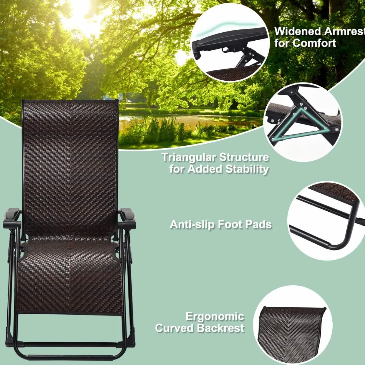Tangkula Rattan Zero Gravity Chair, Outdoor Adjustable Folding Lounge Chair with Widened Armrest & Locking System