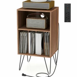 Tangkula Record Player Stand with Charging Station, Turntable Stand with Metal Legs, Vinyl Record Storage Cabinet