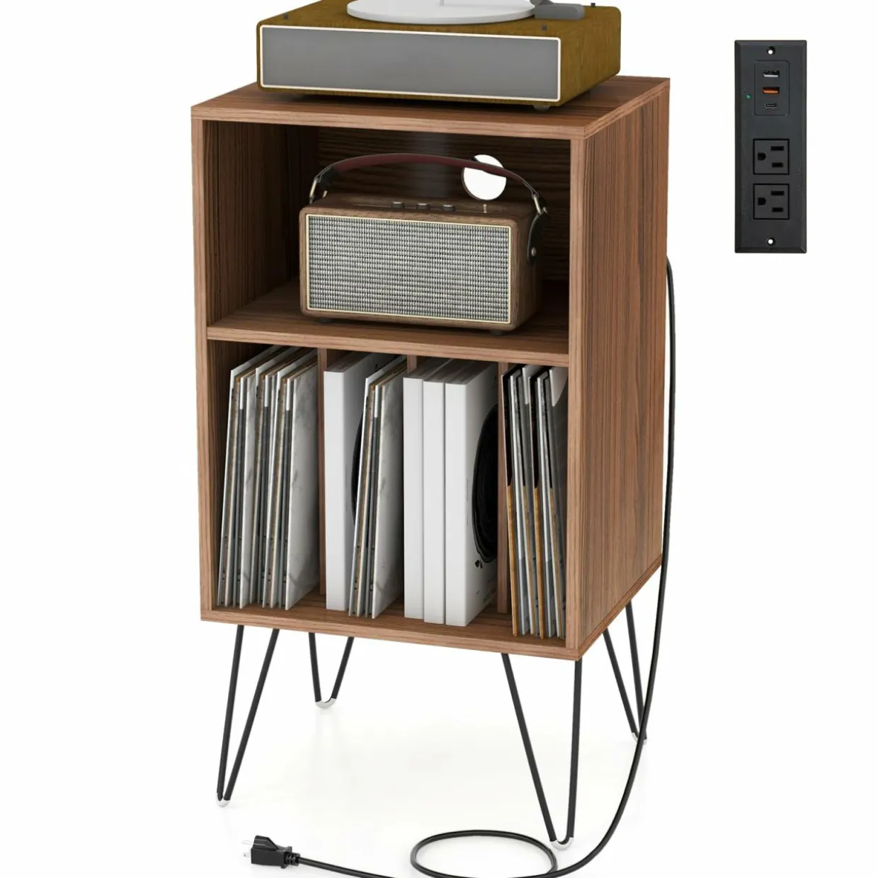 Tangkula Record Player Stand with Charging Station, Turntable Stand with Metal Legs, Vinyl Record Storage Cabinet