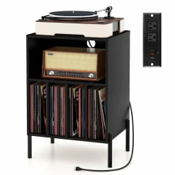 Tangkula Record Player Stand, Turntable Side Table Nightstand w/ Charging Station(Black, 31" H)