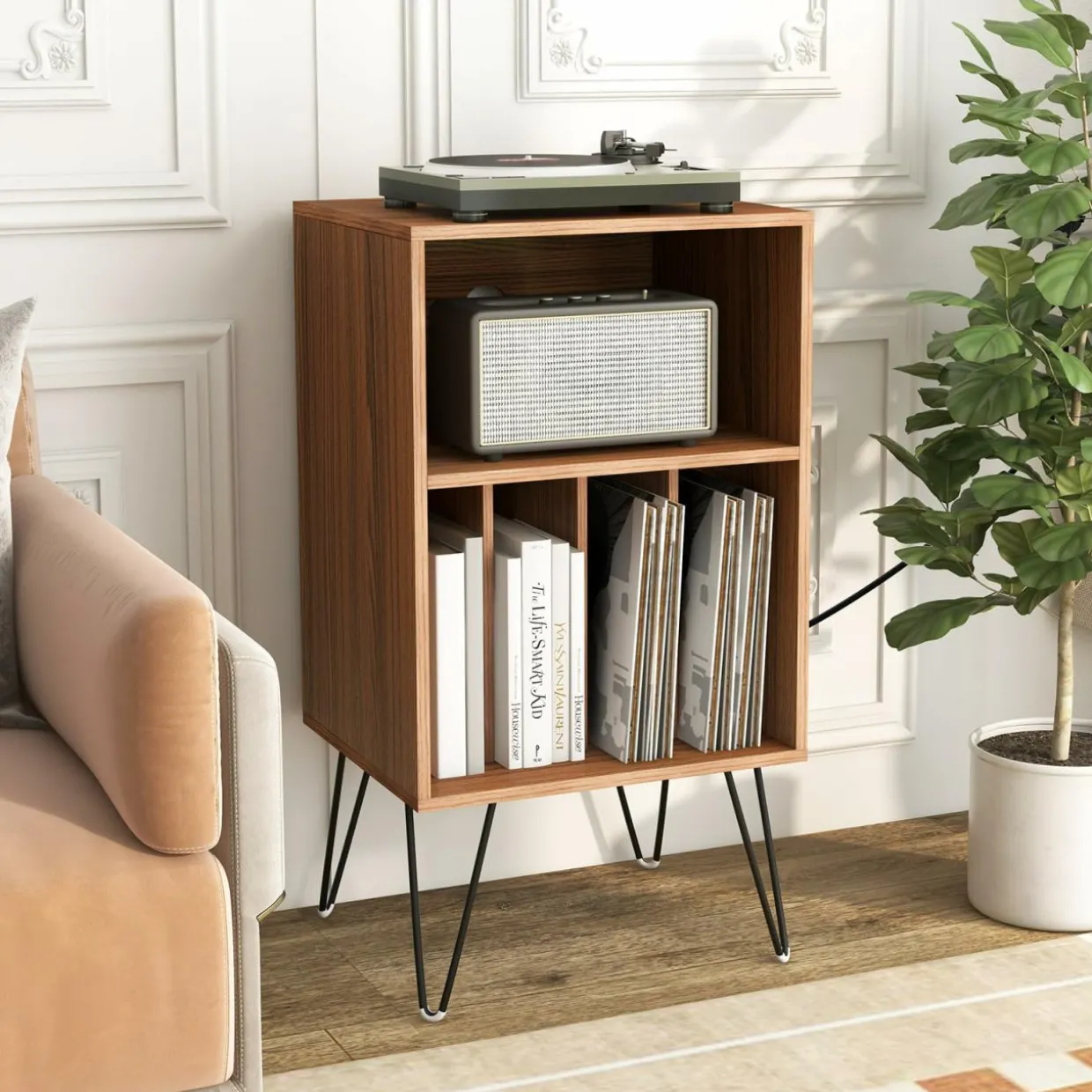 Tangkula Record Player Stand with Charging Station, Turntable Stand with Metal Legs, Vinyl Record Storage Cabinet