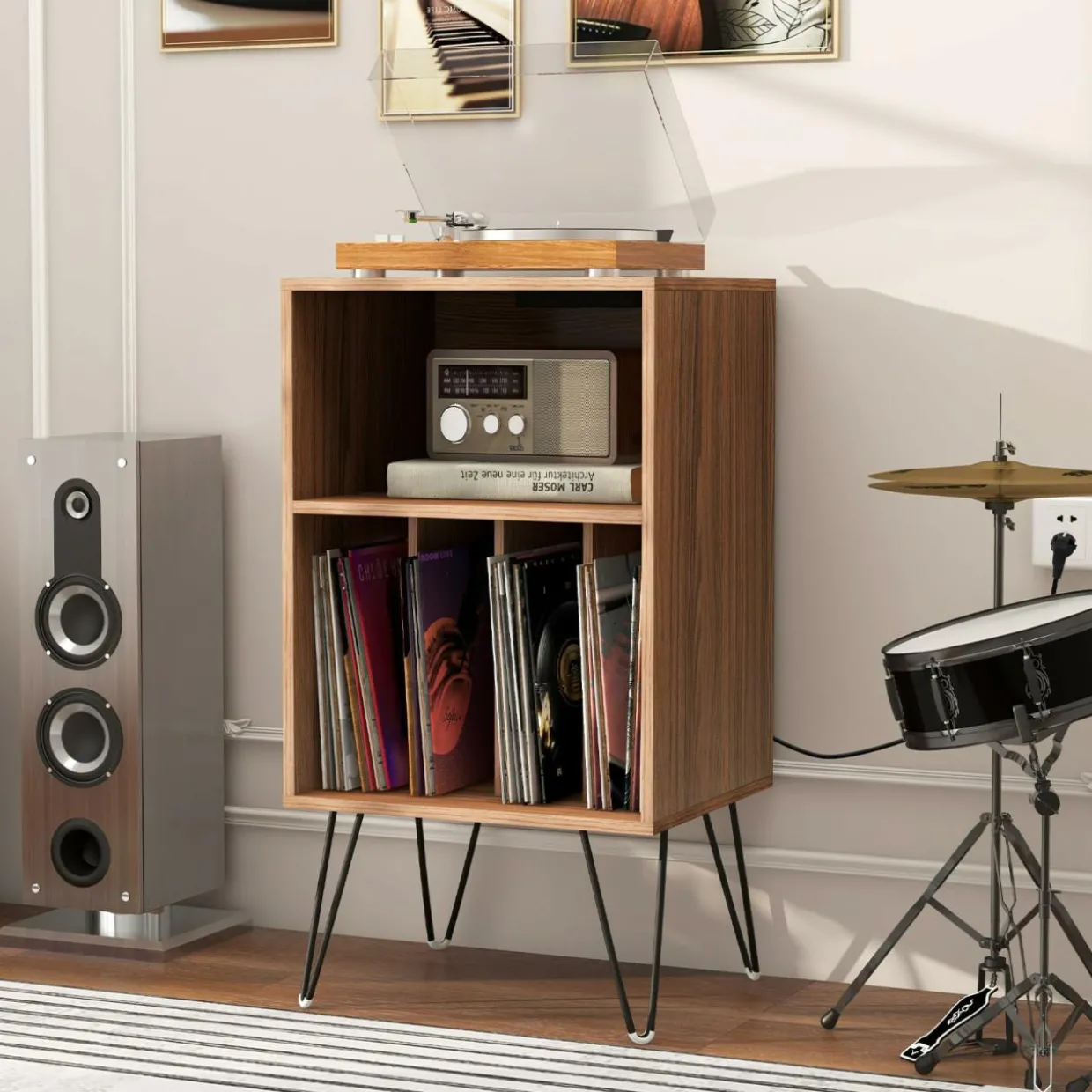Tangkula Record Player Stand with Charging Station, Turntable Stand with Metal Legs, Vinyl Record Storage Cabinet