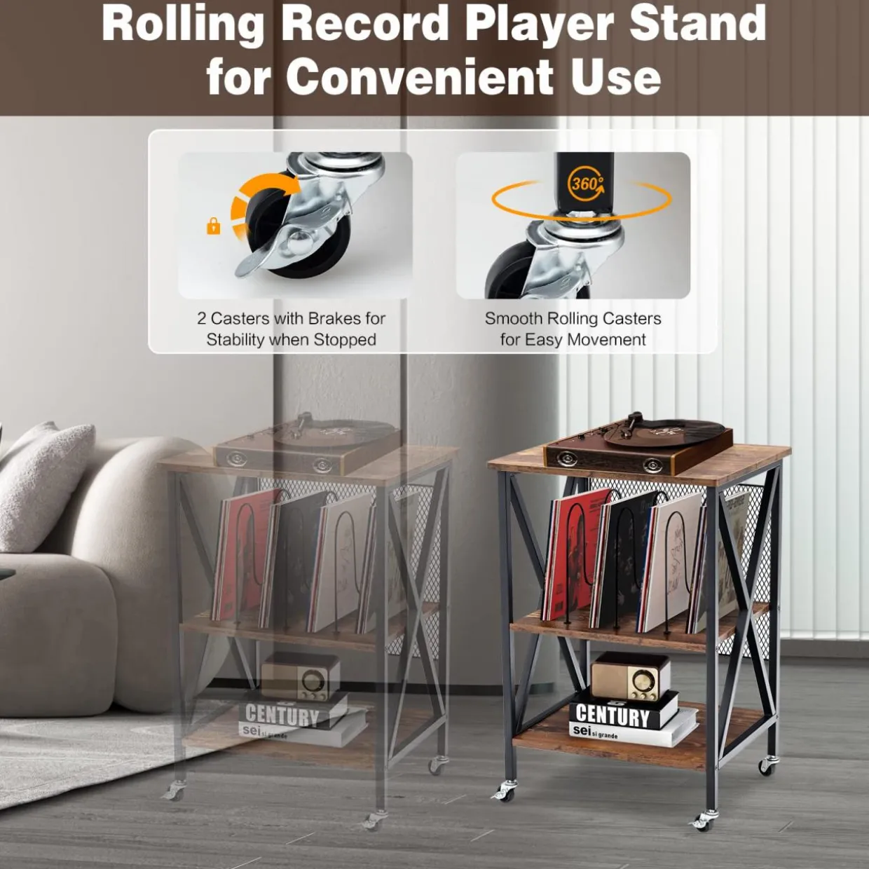 TANGKULA Record Player Stand, 3 Tier Rolling Turntable Stand