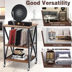 TANGKULA Record Player Stand, 3 Tier Rolling Turntable Stand