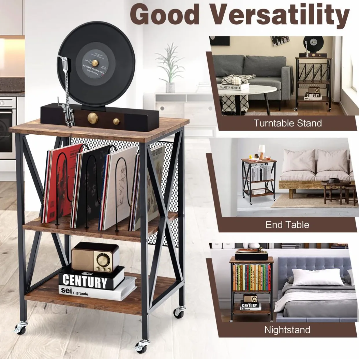 TANGKULA Record Player Stand, 3 Tier Rolling Turntable Stand