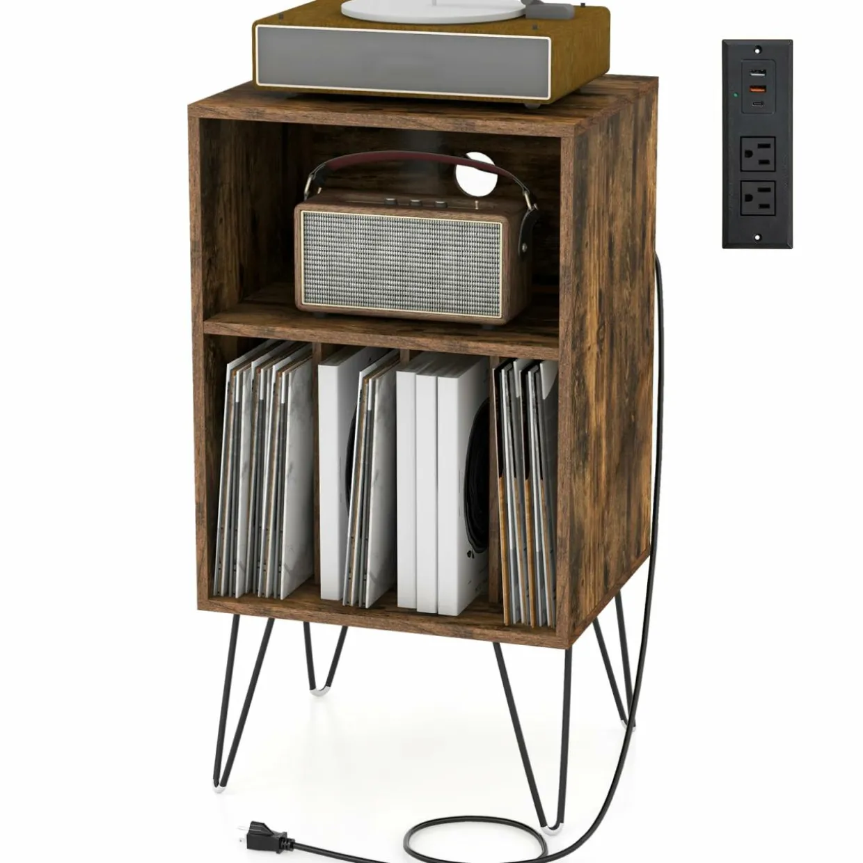 Tangkula Record Player Stand with Charging Station, Turntable Stand with Metal Legs, Vinyl Record Storage Cabinet