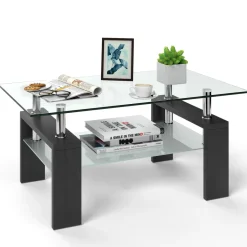 Tangkula Rectangle Glass Coffee Table, 2-Tier Tea Table w/Tempered Glass Tabletop & Stainless Steel Tube
