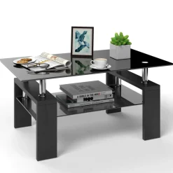 Tangkula Rectangle Glass Coffee Table, 2-Tier Tea Table w/Tempered Glass Tabletop & Stainless Steel Tube