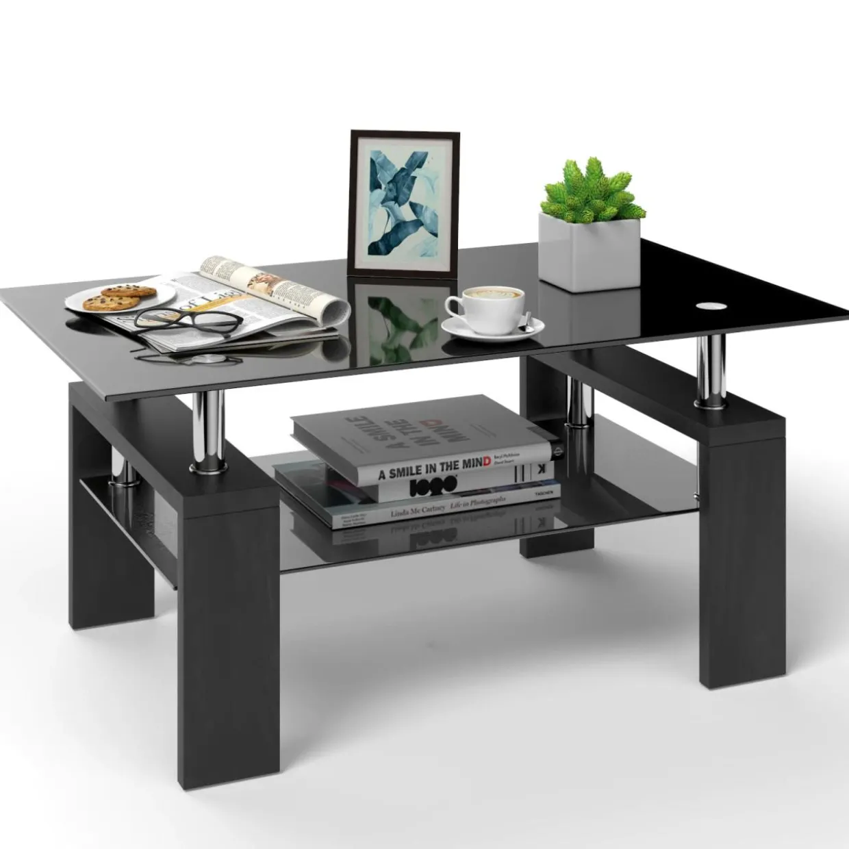 Tangkula Rectangle Glass Coffee Table, 2-Tier Tea Table w/Tempered Glass Tabletop & Stainless Steel Tube