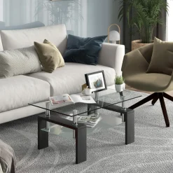 Tangkula Rectangle Glass Coffee Table, 2-Tier Tea Table w/Tempered Glass Tabletop & Stainless Steel Tube