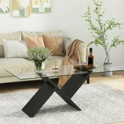 Tangkula Rectangle Glass Coffee Table, 47” Modern Center Table with Tempered Glass Tabletop & Geometric Rubber Wood Frame