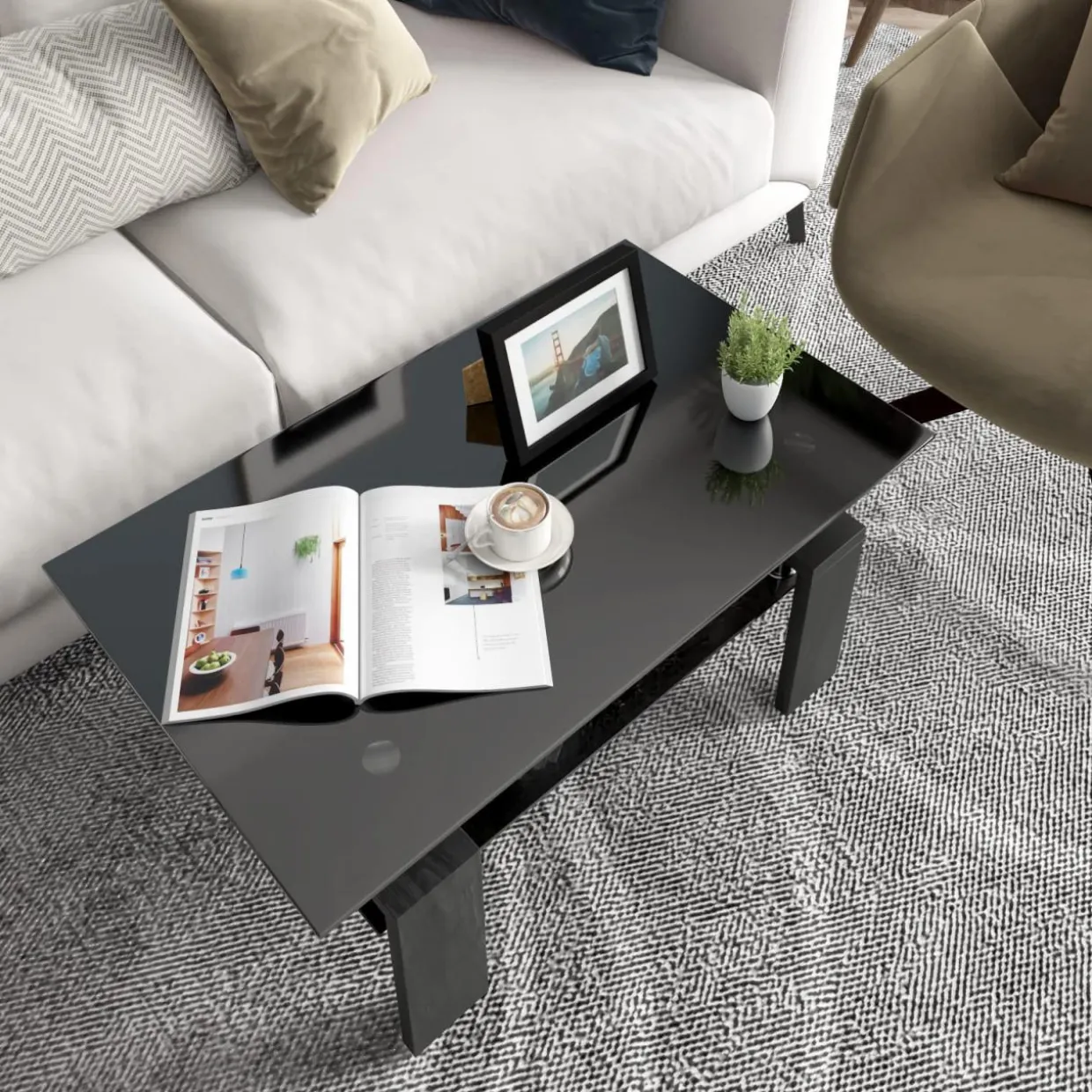 Tangkula Rectangle Glass Coffee Table, 2-Tier Tea Table w/Tempered Glass Tabletop & Stainless Steel Tube