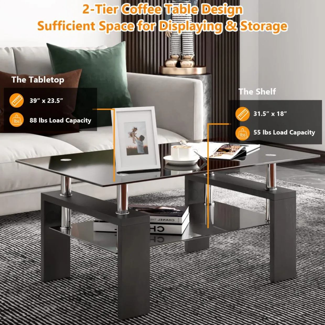Tangkula Rectangle Glass Coffee Table, 2-Tier Tea Table w/Tempered Glass Tabletop & Stainless Steel Tube