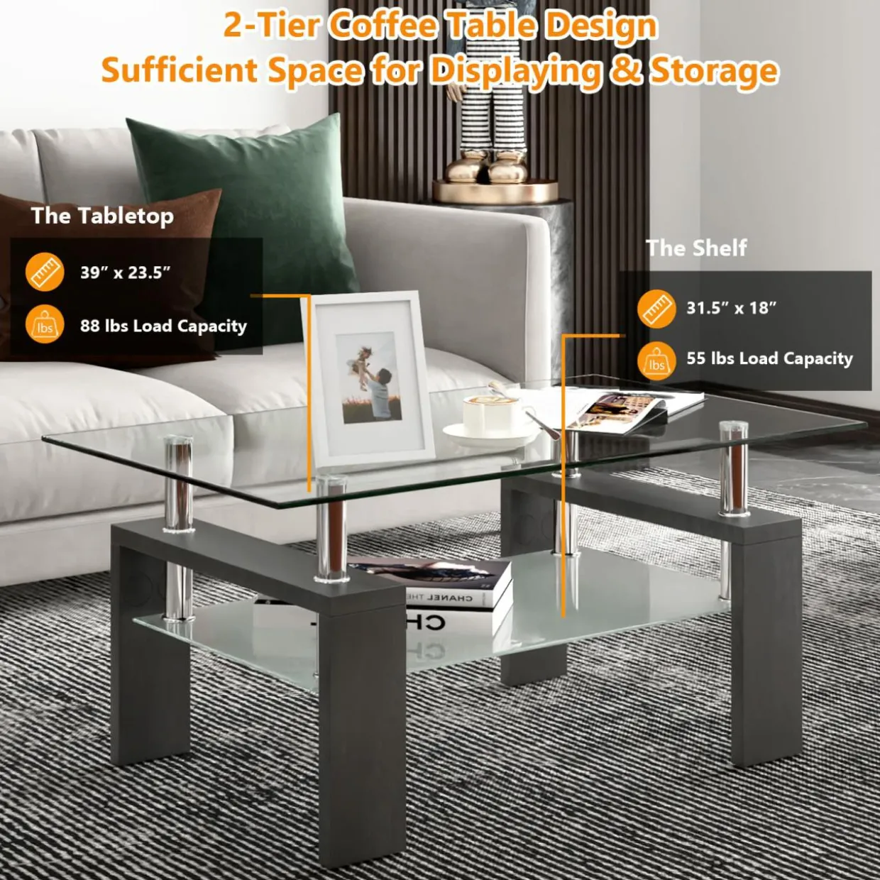 Tangkula Rectangle Glass Coffee Table, 2-Tier Tea Table w/Tempered Glass Tabletop & Stainless Steel Tube