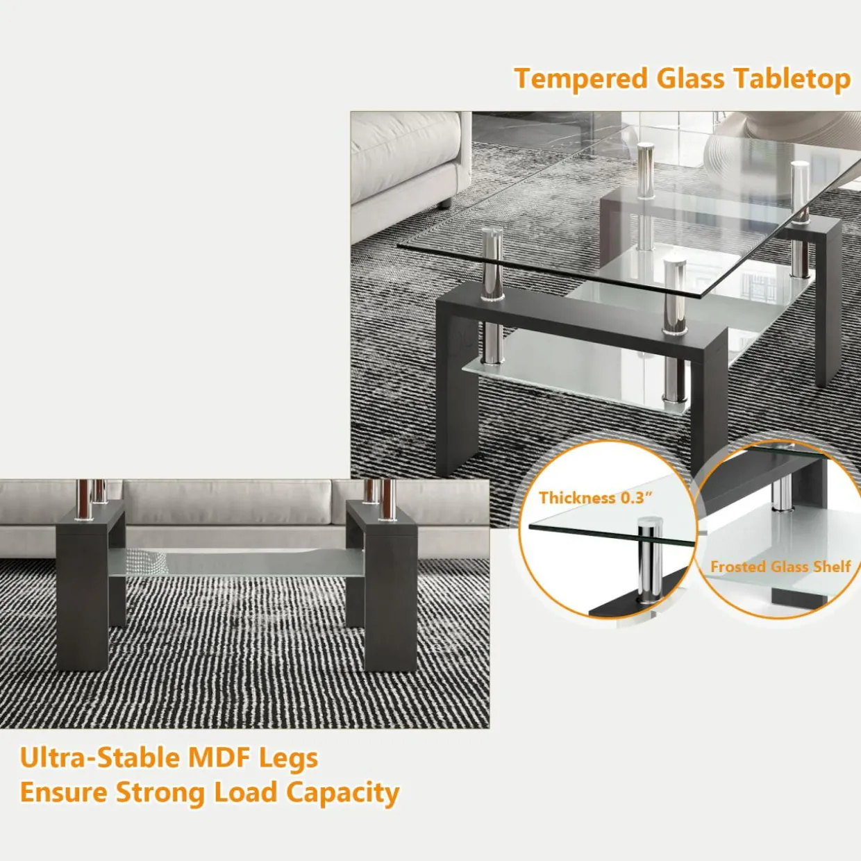 Tangkula Rectangle Glass Coffee Table, 2-Tier Tea Table w/Tempered Glass Tabletop & Stainless Steel Tube