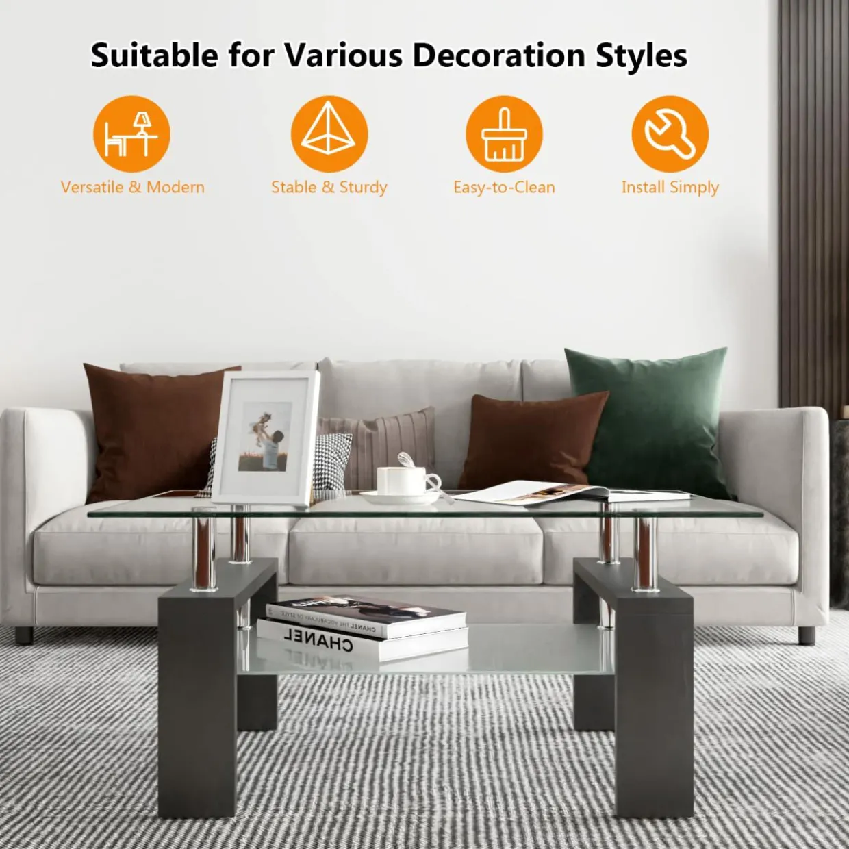 Tangkula Rectangle Glass Coffee Table, 2-Tier Tea Table w/Tempered Glass Tabletop & Stainless Steel Tube