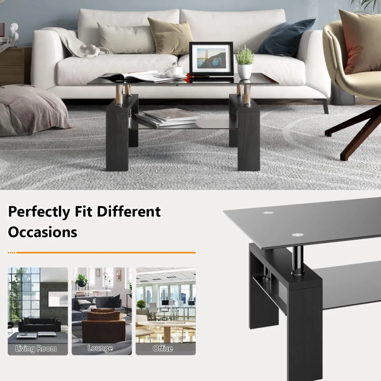 Tangkula Rectangle Glass Coffee Table, 2-Tier Tea Table w/Tempered Glass Tabletop & Stainless Steel Tube