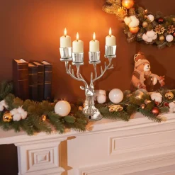 Tangkula Reindeer Candle Holder, Deer Christmas Ornament for 4 Candles, Aluminum Table Christmas Decoration for Tealight