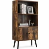 Tangkula Retro Bookcase, Industrial 2 Tier Bookshelf with Doors & Solid Wood Legs(Rustic Brown)