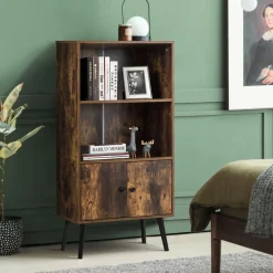 Tangkula Retro Bookcase, Industrial 2 Tier Bookshelf with Doors & Solid Wood Legs(Rustic Brown)