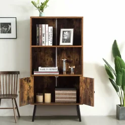 Tangkula Retro Bookcase, Industrial 2 Tier Bookshelf with Doors & Solid Wood Legs(Rustic Brown)