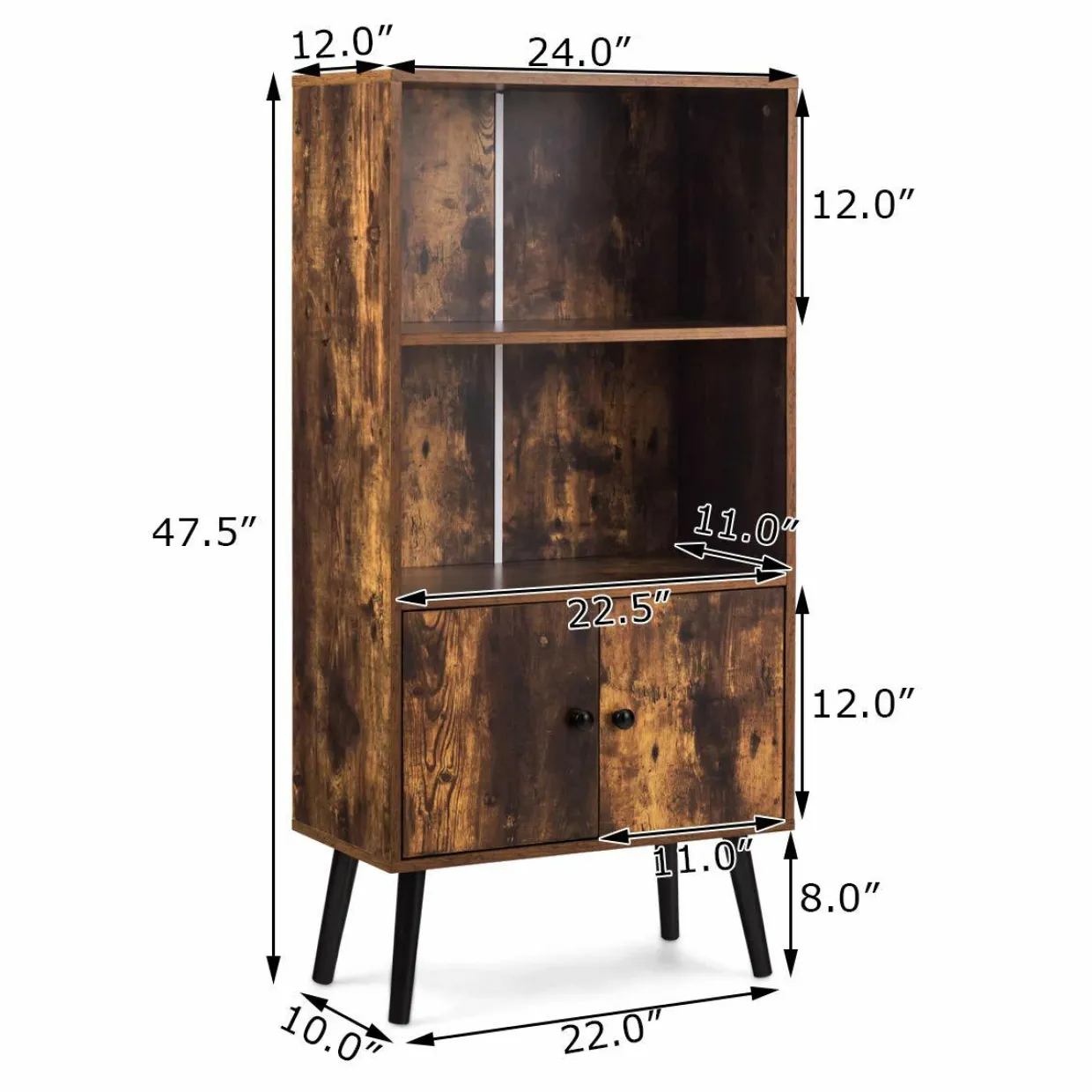 Tangkula Retro Bookcase, Industrial 2 Tier Bookshelf with Doors & Solid Wood Legs(Rustic Brown)