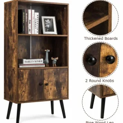 Tangkula Retro Bookcase, Industrial 2 Tier Bookshelf with Doors & Solid Wood Legs(Rustic Brown)