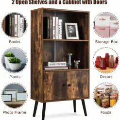 Tangkula Retro Bookcase, Industrial 2 Tier Bookshelf with Doors & Solid Wood Legs(Rustic Brown)