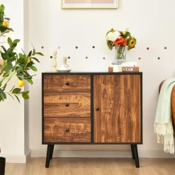 Tangkula Retro Storage Cabinet, Wood Floor Storage Cabinet with 3 Drawers and 1 Cabinet w/Adjustable Shelf, Accent Cabinet