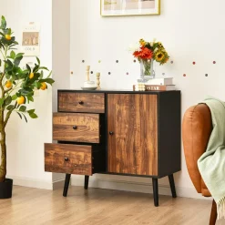 Tangkula Retro Storage Cabinet, Wood Floor Storage Cabinet with 3 Drawers and 1 Cabinet w/Adjustable Shelf, Accent Cabinet