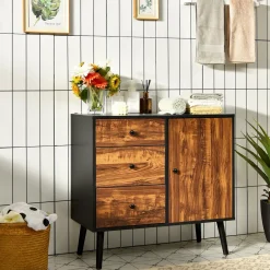 Tangkula Retro Storage Cabinet, Wood Floor Storage Cabinet with 3 Drawers and 1 Cabinet w/Adjustable Shelf, Accent Cabinet