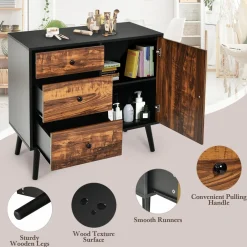 Tangkula Retro Storage Cabinet, Wood Floor Storage Cabinet with 3 Drawers and 1 Cabinet w/Adjustable Shelf, Accent Cabinet