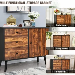 Tangkula Retro Storage Cabinet, Wood Floor Storage Cabinet with 3 Drawers and 1 Cabinet w/Adjustable Shelf, Accent Cabinet