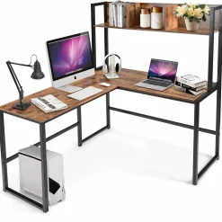 Tangkula Reversible L-Shaped Desk with Hutch, Space Saving Corner Computer Desk with Storage Bookshelf