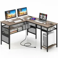 Tangkula Reversible L-Shaped Computer Desk with Charging Station & Shelves