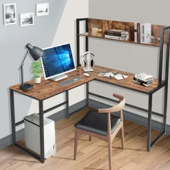 Tangkula Reversible L-Shaped Desk with Hutch, Space Saving Corner Computer Desk with Storage Bookshelf