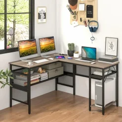 Tangkula Reversible L-Shaped Computer Desk with Charging Station & Shelves